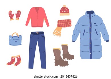 winter clothing big set consisting of down jacket, clothes for woman, pants, shoes, hat, glove, sweater. colorful clothes, bright warm clothing, clothing store. Flat vector hand drawn illustration