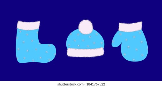 Winter clothing boots hat and mittens, vector illustration.