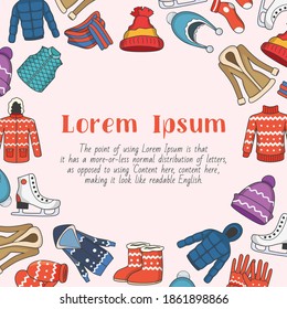 Winter clothing - card with text and vector color illustrations of scarf, cap, jacket, sweater, coat, mitten, and other clothes for graphic design