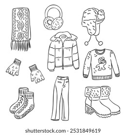 Winter clothing doodle hand drawn set. Winter garnet with scarf, mittens and jacket isolated on white background. Fashion items for winter season for coloring pages, stickers