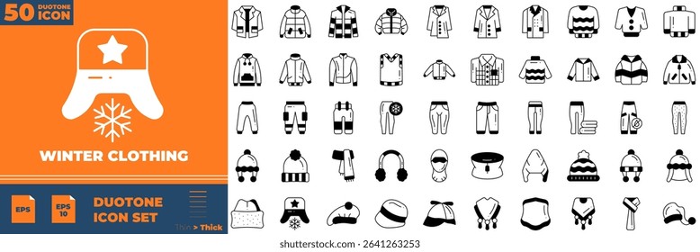Winter Clothing Duotone Editable Icons set. Vector illustration in modern thin duotone style of winter clothing icons: cloth, jacket, scarf, etc