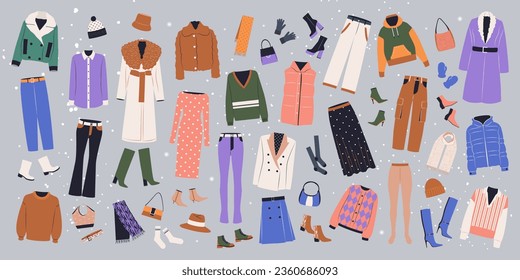 Winter clothing, garments and accessories set. Female apparel, dresses, trousers, shoes, gloves, coats, sweaters, hats in casual style. Flat graphic vector illustrations isolated on white background