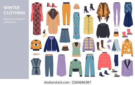 Winter clothing, garments and accessories set. Female apparel, dresses, pants, shoes, gloves, coats, sweaters, hats in casual style. Flat graphic vector illustrations isolated on white background