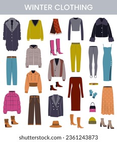 Winter clothing, garments and accessories set. Female apparel, dresses, pants, shoes, gloves, coats, sweaters, hats in casual style. Flat graphic vector illustrations isolated on white background