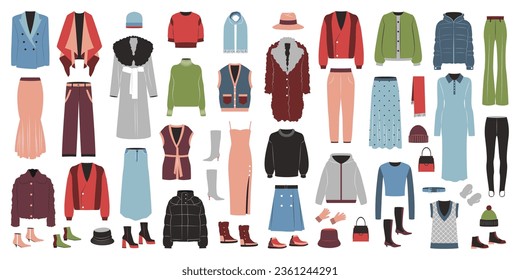 Winter clothing, garments and accessories set. Female apparel, dresses, pants, shoes, gloves, coats, sweaters, hats in casual style. Flat graphic vector illustrations isolated on white background