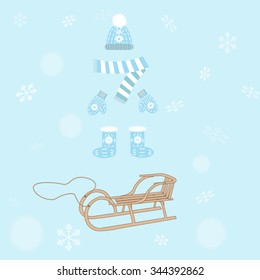 winter clothing hat, scarf, mittens, boots and sled on a blue background with snowflakes