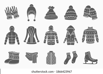 Winter clothing Icons set - Vector silhouettes of scarf, cap, jacket, sweater, coat, mitten, and other clothes for the site or interface