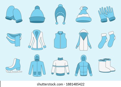 Winterkleidungssymbole - Vektorfarbensymbole von Schal, Kappe, Jacke, Pullover, Mantel, Schlag und anderen Kleidungsstücken für den Standort oder die Benutzeroberfläche