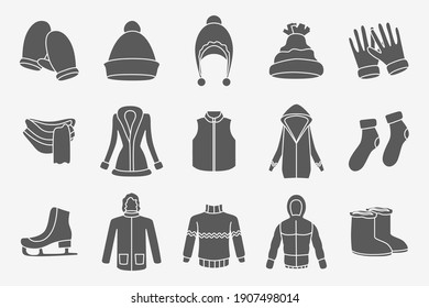 Winter clothing Icons set - Vector silhouettes of scarf, cap, jacket, sweater, coat, mitten, and other clothes for the site or interface