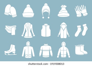 Winter clothing Icons set - Vector silhouettes of scarf, cap, jacket, sweater, coat, mitten, and other clothes for the site or interface