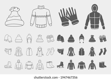 Winter clothing Icons set - Vector outline symbols and silhouettes of scarf, cap, jacket, sweater, coat, mitten, and other clothes for the site or interface