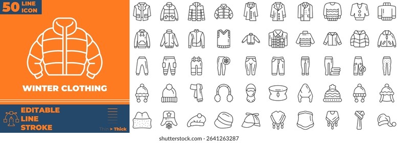 Winter Clothing Line Editable Icons set. Vector illustration in modern thin line style of winter clothing icons: cloth, jacket, scarf, etc