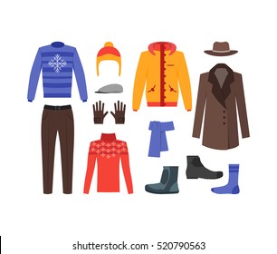 Winter Clothing Man Set Fashion Seasonal Shopping Flat Design Style. Vector illustration