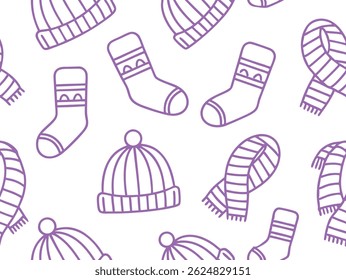 Winter clothing seamless pattern with cozy hats, scarves, and socks in purple line art style, perfect for seasonal textile prints, holiday wrapping, and cold weather themed designs.