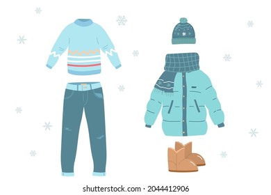 ropa de invierno compuesta de chaqueta azul de invierno, ropa para mujer, pantalones, zapatos, sombrero, guante, suéter. ropa colorida, ropa cálida brillante, tienda de ropa. Vector plano. ilustración de mano