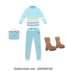 ropa de invierno que consiste en ropa para mujer, pantalones, zapatos, suéter con lindo conejito. ropa colorida, ropa cálida brillante, tienda de ropa. Vector plano. ilustración de mano
