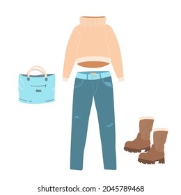 winter clothing set consisting of clothes for woman, pants, shoes, sweater with cute bunny. colorful clothes, bright warm clothing, clothing store. Flat vector. hand drawn illustration