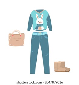 winter clothing set consisting of clothes for woman, pants, shoes, sweater with cute bunny. colorful clothes, bright warm clothing, clothing store. Flat vector. hand drawn illustration