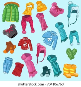 winter clothing set consisting of winter jackets,winter pants, winter shoes,winter  hats, scarves, socks, mittens, gloves,sweaters. baby clothes, colorful clothes, bright warm clothing, clothing store