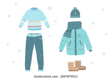 winter clothing set consisting of red winter jacket, clothes for woman, pants, shoes, hat, glove, sweater. colorful clothes, bright warm clothing, clothing store. Flat vector. hand drawn illustration