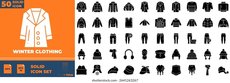 Winter Clothing Solid Editable Icons set. Vector illustration in modern thin solid style of winter clothing icons: cloth, jacket, scarf, etc