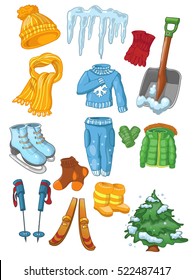 winter clothing and winter sports, skating and skiing, New Year's or Christmas tree, snow shovel, snow, icicles, cartoon vector illustration