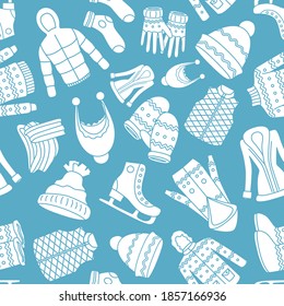 Winter clothing - Vector background (seamless pattern) of silhouettes scarf, cap, jacket, sweater, coat, mitten, and other clothes for graphic design