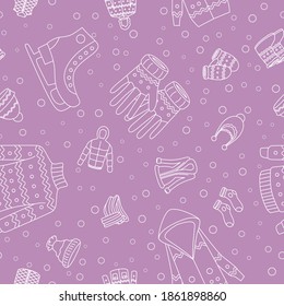 Winter clothing - Vector background (seamless pattern) of scarf, cap, jacket, sweater, coat, mitten, and other clothes for graphic design
