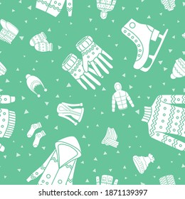 Winter clothing - Vector background (seamless pattern) of silhouettes scarf, cap, jacket, sweater, coat, mitten, and other clothes for graphic design
