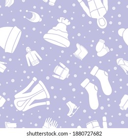 Ropa de invierno - Fondo vectorial (patrón sin costura) de siluetas bufanda, gorra, chaqueta, suéter, abrigo, migón y otras prendas de vestir para diseño gráfico