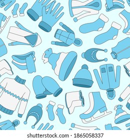 Winter clothing - Vector color background (seamless pattern) of scarf, cap, jacket, sweater, coat, mitten, and other clothes for graphic design