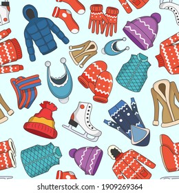 Winter clothing - Vector color background (seamless pattern) of scarf, cap, jacket, sweater, coat, mitten, and other clothes for graphic design