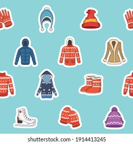 Winter clothing - Vector color background (seamless pattern) of scarf, cap, jacket, sweater, coat, mitten, and other clothes for graphic design