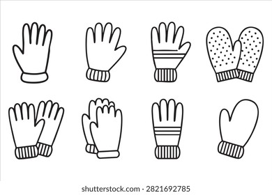 Winter clothing vector line icon set with gloves mittens knitted handwear and fashion accessories