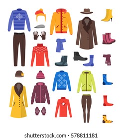 Winter Clothing Woman and Man Set Fashion Seasonal Shopping Flat Design Style. Vector illustration