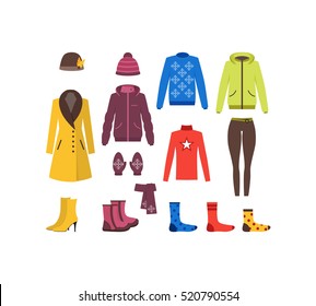 Winter Clothing Woman Set Fashion Seasonal Shopping Flat Design Style. Vector illustration