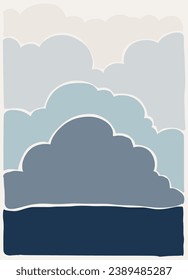 Winter cloud lanscape panorama posters. Organic hand draw shapes matisse style, naive art, contemporary backgrounds. Sea and clouds vector illustration