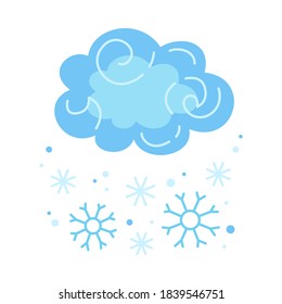 Winter cloud snow, snowflake cartoon style. Abstract flat cold weather colors hand drawn symbol. Cute blizzard nature weather element. Meteorological infographics for print, fabric. Vector