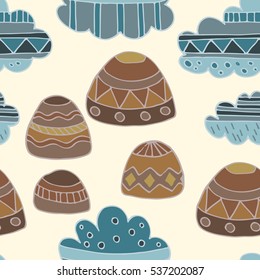 Winter clouds and rocks hand drawn seamless vector pattern