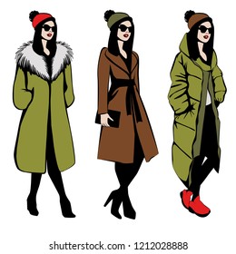 Winter coat fashion trends. One woman in three different styles. Fashion illustration. Vector EPS 10.