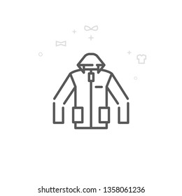 Winter Coat with a Hood Vector Line Icon. Clothes, Garments Symbol, Pictogram, Sign. Light Abstract Geometric Background. Editable Stroke. Adjust Line Weight. Design with Pixel Perfection.