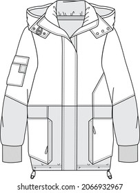 Winter coat jacket with hooded pockets and wide cuffs. Sewing and trim details. Editable mockup