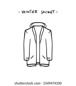 Winter coat outline hand drawn illustration isolated vector  Jacket drawing black   white style  Fashion clothing decoration symbol  simple image and letters text tittle  Long jackets sketch 