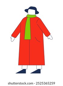 Winter coat woman in scarf knitted and felt hat 2D cartoon character. Fashion model female outerwear clothing doll dummy isolated person flat vector on white background. Spot illustration colorful