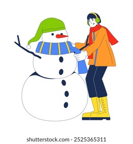 Winter coat woman tying scarf around snowman neck 2D cartoon character. Wintertime outdoor activity. Earmuffs asian female isolated person flat vector on white background. Spot illustration colorful