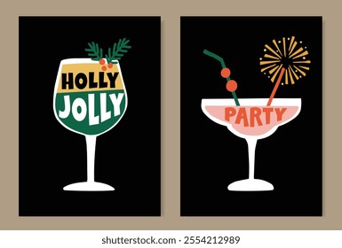 Winter cocktails. Christmas, New Year greeting cards, invitations. Alcohol drink glasses, lettering text on black background. Birthday party celebration. Retro hand drawn sparkler vector illustration