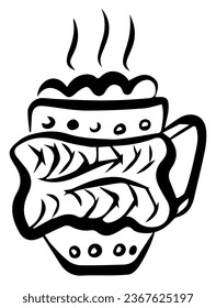 Winter coffee cup doodle in scarf isolated on white background. Hot drink. Cappuchino, latte. Merry Christmas. Vector sketch illustration. Perfect for print, web, menu, infographics.