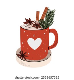 Winter coffee drink in cute red cup with heart. Coffee with cinnamon decorated with spruce branch. Vector illustration in flat style. White isolated background.