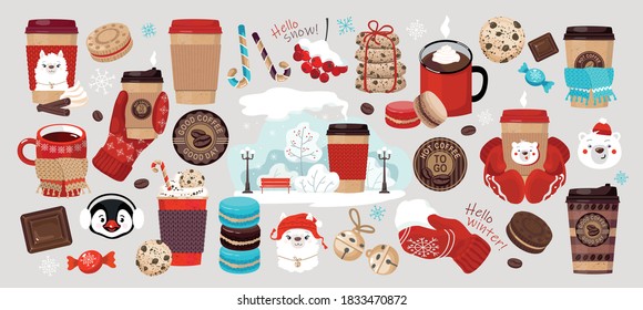 WINTERKAFFEE ZUM GEHEN Set: Kaffee in Papierbechern, Schneefall, Fausthandschuhe, Cup in einem Strickschal, Kaffeeaufkleber, Winterpark, Kekse, Makronen, süße Tiere, Schokolade. Vektorgrafik einzeln.