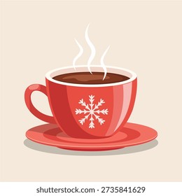 Winter Coffee Mug with Snowflake Icon on Saucer Vector.